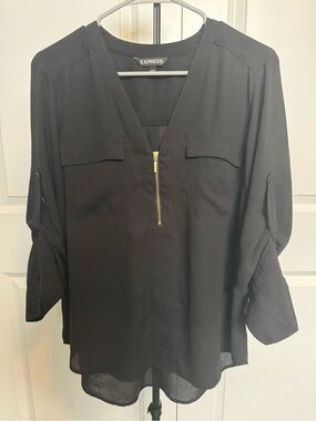 Express Black V-Neck Zip-Front Blouse with Roll-Tab Sleeves